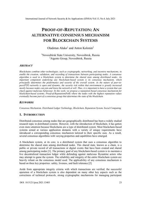 PROOF-OF-REPUTATION: AN ALTERNATIVE CONSENSUS MECHANISM FOR BLOCKCHAIN SYSTEMS