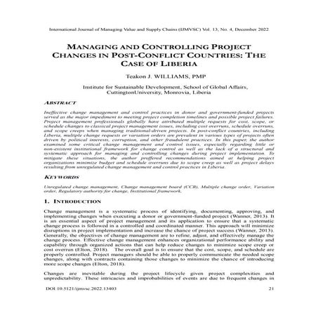 MANAGING AND CONTROLLING PROJECT CHANGES IN POST-CONFLICT COUNTRIES: THE CASE...