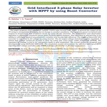 Grid Interfaced 3-phase Solar Inverter with MPPT by using Boost Converter