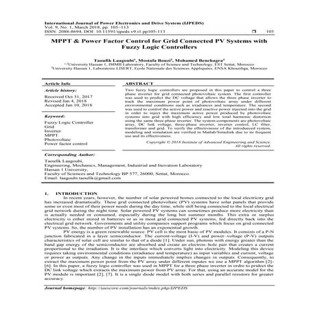 MPPT & Power Factor Control for Grid Connected PV Systems with Fuzzy Logic Co...