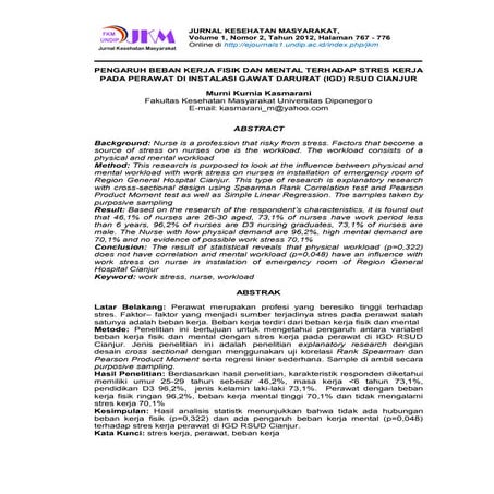 PENGARUH BEBAN KERJA FISIK DAN MENTAL TERHADAP STRES KERJA PADA PERAWAT DI INSTALASI GAWAT DARURAT (IGD) RSUD CIANJUR
