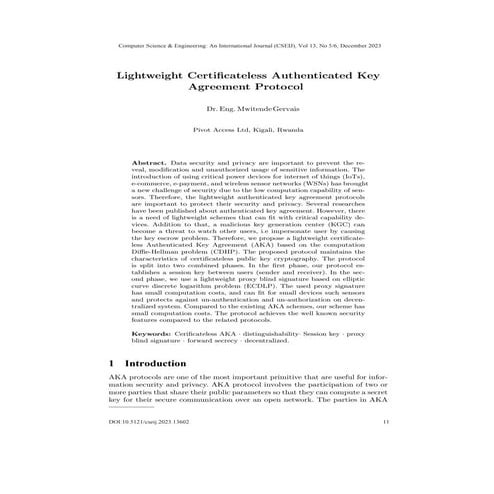 Lightweight Certificateless Authenticated Key Agreement Protocoln