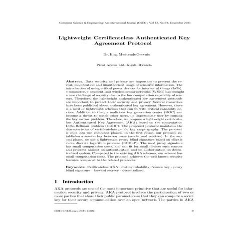 Lightweight Certificateless Authenticated Key Agreement Protocol