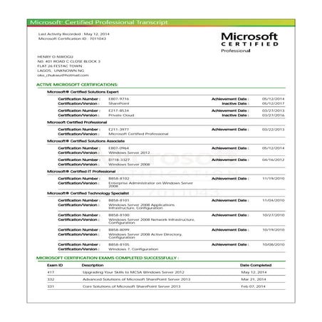 Microsoft Learning Transcript | PDF
