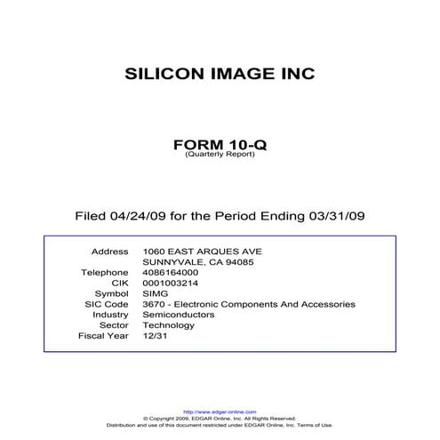 Q1 2009 Earning Report of Silicon Image Inc.