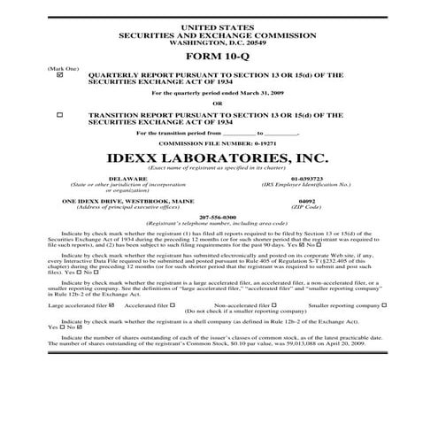 Q1 2009 Earning Report of Idexx Laboratories, Inc. 