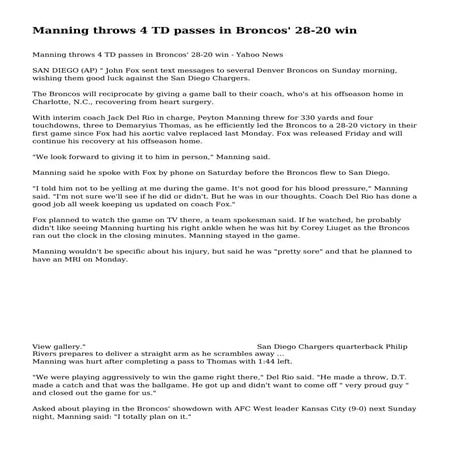 Manning throws 4 TD passes in Broncos' 28-20 win