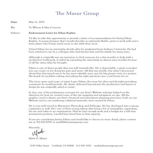 Mazur Endorsement Letter For Kaplan | PDF