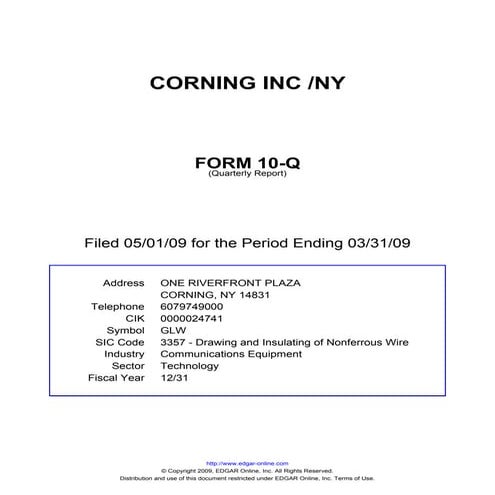 Q1 2009 Earning Report of Corning Inc.