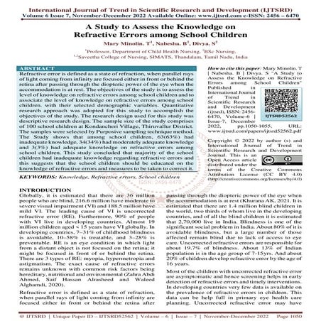 A Study to Assess the Knowledge on Refractive Errors among School Children