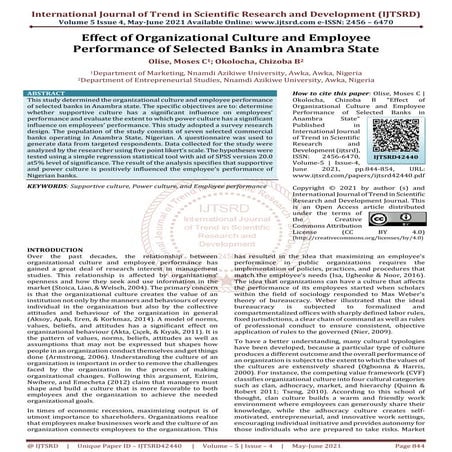 Effect of Organizational Culture and Employee Performance of Selected ...
