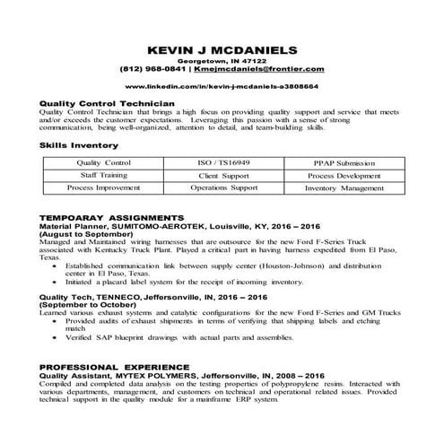 Kevin McDaniels - Quality Control Technician_103116