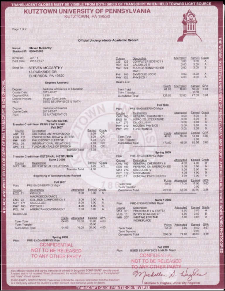 Kutztown University Transcript Final