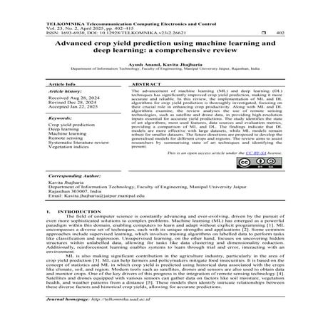 Advanced crop yield prediction using machine learning and deep learning: a co...