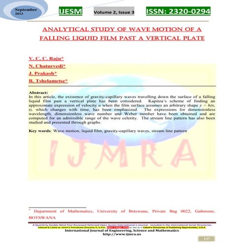 ANALYTICAL STUDY OF WAVE MOTION OF A FALLING LIQUID FILM PAST A VERTICAL PLATE