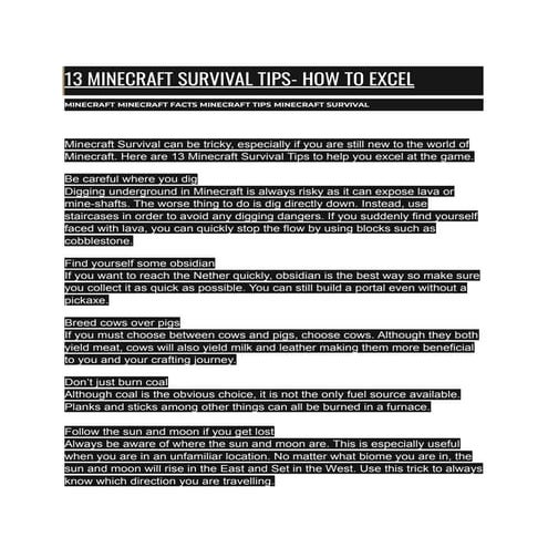 13 minecraft survival tips how to excel | PDF