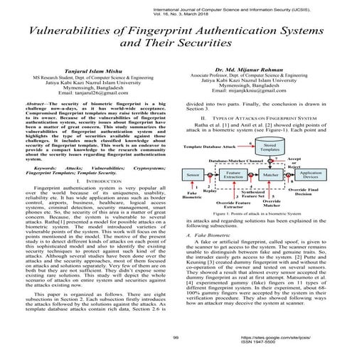 Vulnerabilities of Fingerprint Authentication Systems and Their Securities