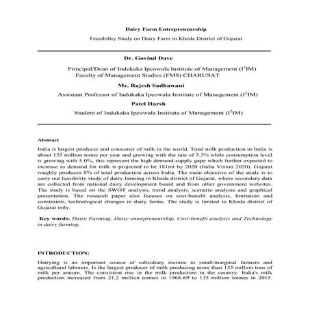Feasibility Study on Dairy Farm in Kheda District of Gujarat 