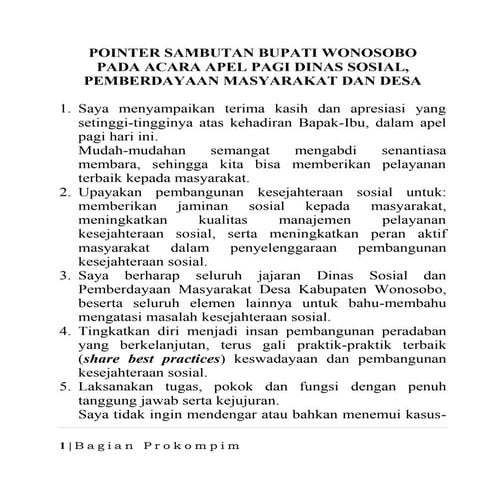 13 sept, sambutan bupati wonosobo apel dinsos pmd
