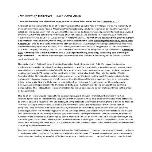 13th April 2016 – The book of Hebrews