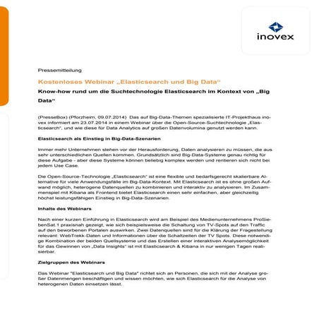 Pressemitteilung: Webinar "Elasticsearch und Big Data" am 23.07.14