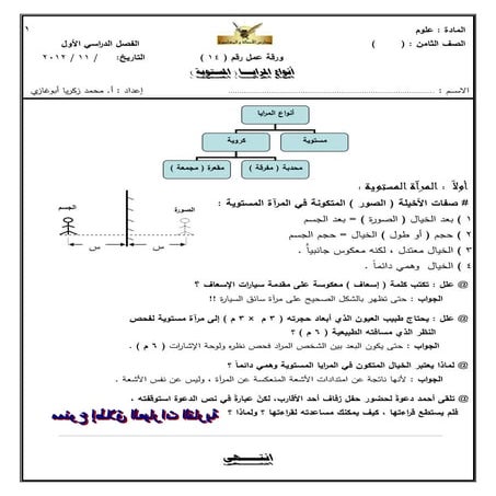 علوم - الصف الثامن - ورقة عمل 14 - أنواع المرايا (المستوية)