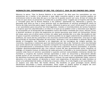 HOMILÍA DEL DOMINGO 3º DEL TO. CICLO C. DIA 24 DE ENERO DEL 2016