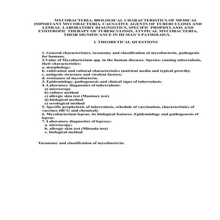 Mycobacteria. Agents of Tuberculosis & Leprae. Atypical Mycobacteria