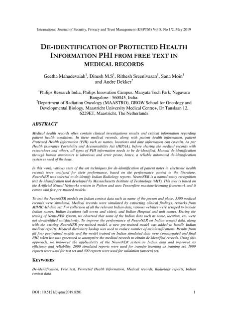 DE-IDENTIFICATION OF PROTECTED HEALTH INFORMATION PHI FROM FREE TEXT IN MEDICAL RECORDS