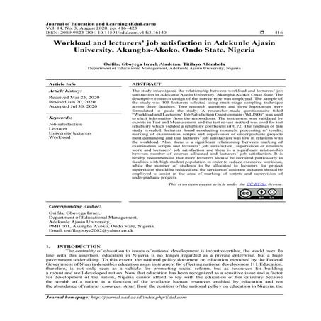 Workload and lecturers’ job satisfaction in Adekunle Ajasin University, Akung...
