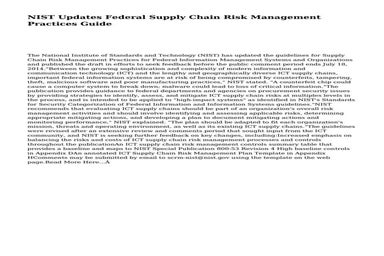 NIST Updates Federal Supply Chain Risk Management Practices Guide