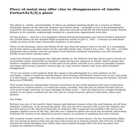 Piece of metal may offer clue to disappearance of Amelia Earhart’s plane