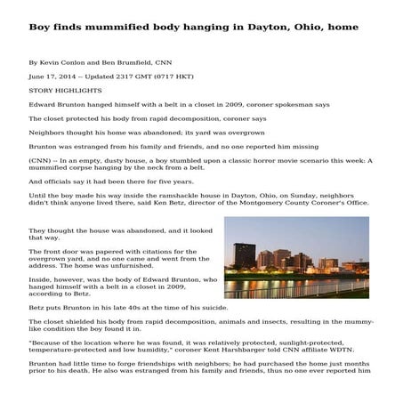 Boy finds mummified body hanging in Dayton, Ohio, home