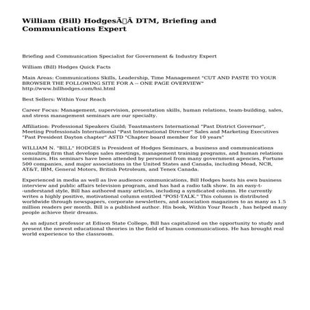 William (Bill) Hodges DTM, Briefing and Communications Expert