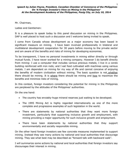 Speech by Julian Payne, President, Canadian Chamber of Commerce of the Philippines