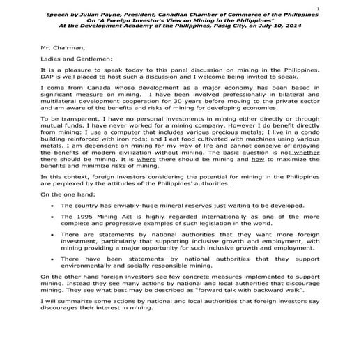 Speech by Julian Payne, President, Canadian Chamber of Commerce of the Philippines