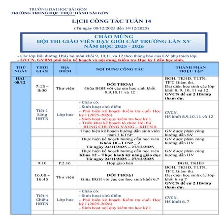 LỊCH CÔNG TÁC TUẦN 14 (Từ ngày 08/12/2025 đến 14/12/2025)