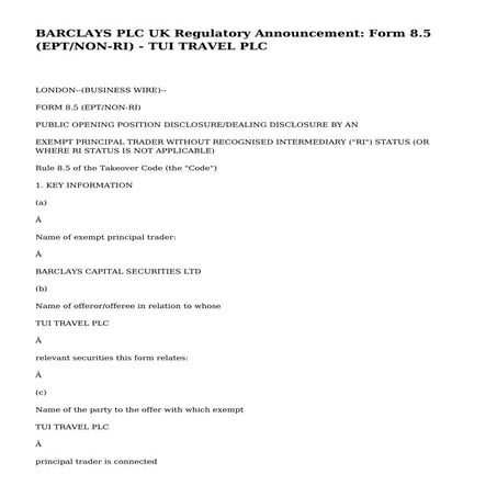 BARCLAYS PLC UK Regulatory Announcement: Form 8.5 (EPT/NON-RI) - TUI TRAVEL PLC