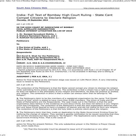 Bombay High Court - Ruling on State cant Compel Citizens to Declare Religion