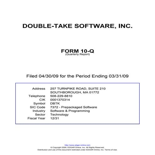 Q1 2009 Earning Report of Double-Take Software