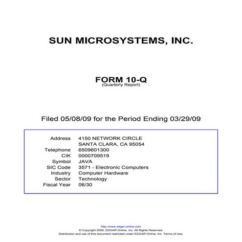 Q1 2009 Earning Report of Sun Microsystems Inc.