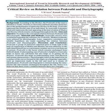 Critical Review on Relation between Prakruthi and Dactylography | PDF