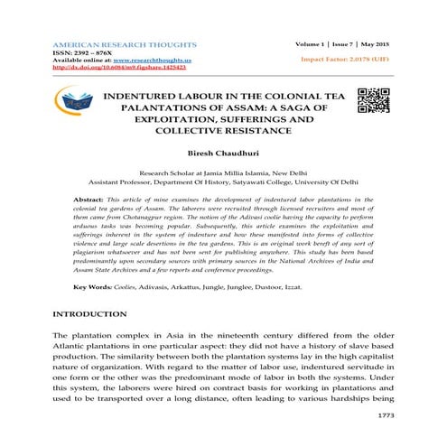 INDENTURED LABOUR IN THE COLONIAL TEA PALANTATIONS OF ASSAM: A SAGA OF ...