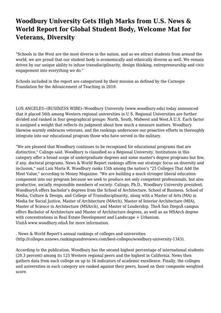 Woodbury University Gets High Marks from U.S. News & World Report for Global ...