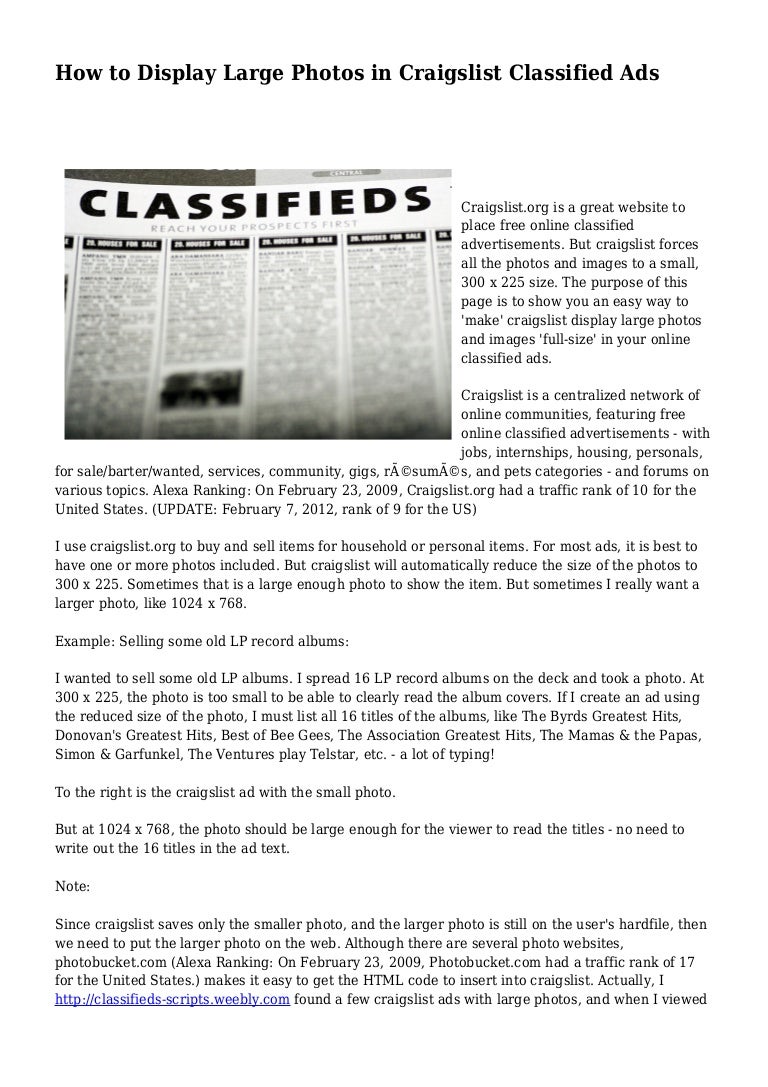 How to Display Large Photos in Craigslist Classified Ads