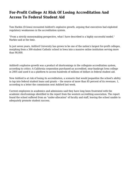 For-Profit College At Risk Of Losing Accreditation And Access To Federal Stud...