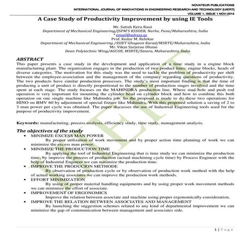 A Case Study of Productivity Improvement by using IE Tools