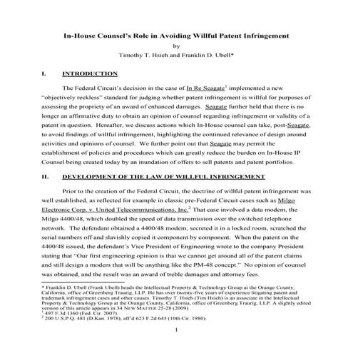 In-House Counsel's Role in Avoiding Willful Patent Infringement