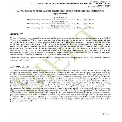 Wireless sensor network platform for monitoring the industrial apparatus