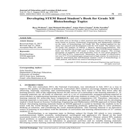 Developing STEM Based Student’s Book for Grade XII Biotechnology Topics